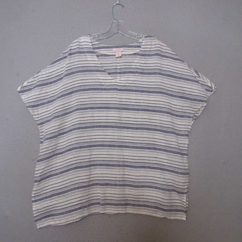 St Tropez West Top Plus 1X Stripe Linen Beachy Lagenlook Relaxed Fit Flowy‎